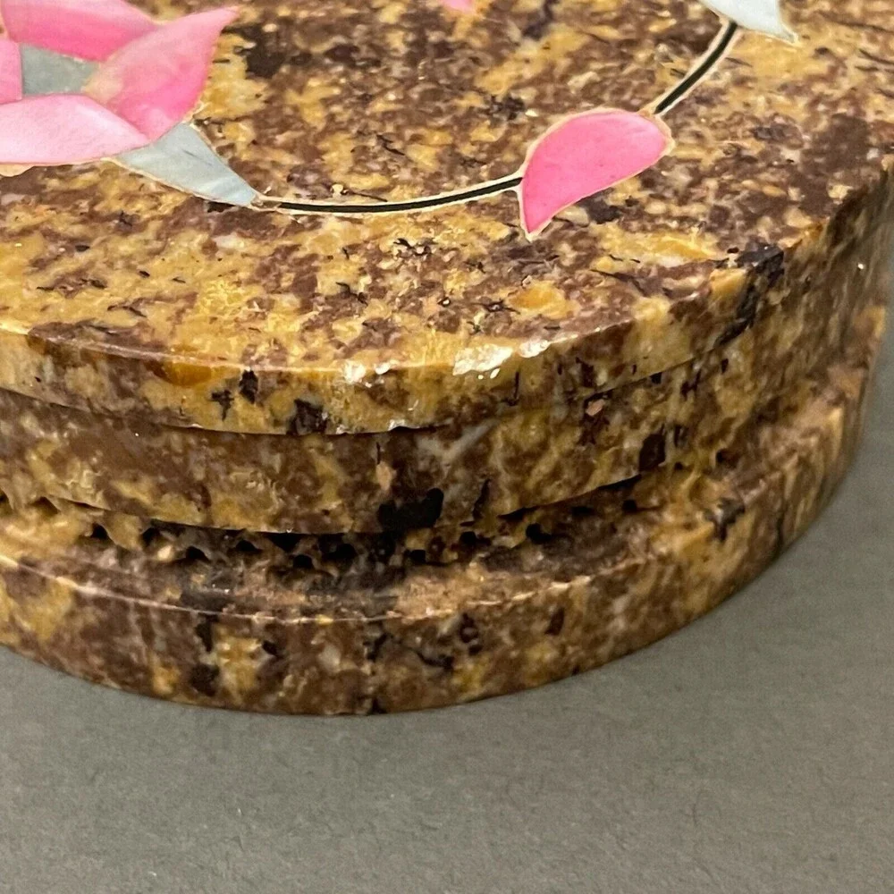 Round Marble Stone‎ Floral Flowers Trinket Jewelry Box